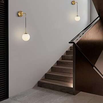 KCO Lighting Frosted White Glass Wall Sconce Set of Two Brass Gold Globe Ball Wall Light Adjustable Cord Industrial Vanity Wall Lamp for Bathroom Mirror Bedside Stairs (White)