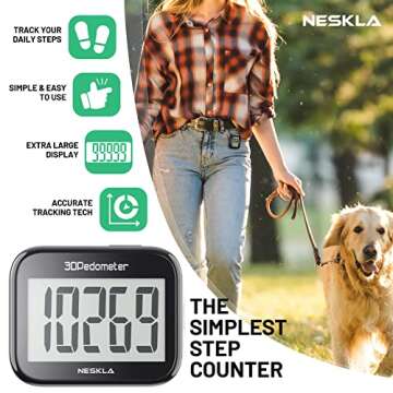NESKLA 3D Pedometer for Walking, Simple Step Counter with Large Digital Display, Step Tracker with R...
