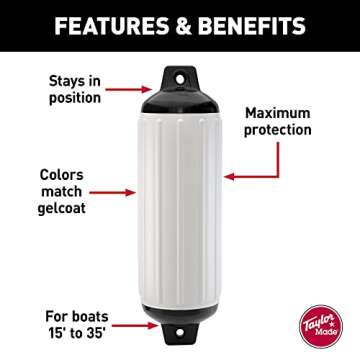Taylor Made Super Gard Boat Fender, White (8.5" x 26") Double-Molded Ends, Ribbed Technology to Minimize Roll, Rubber Football Needle Inflation Valve, Marine-Grade Vinyl, 5/8" Eyelets - 950824