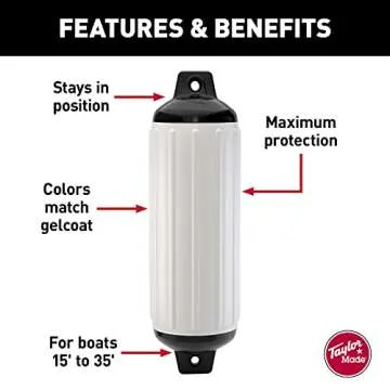 Taylor Made Super Gard Boat Fender, White (8.5" x 26") Double-Molded Ends, Ribbed Technology to Minimize Roll, Rubber Football Needle Inflation Valve, Marine-Grade Vinyl, 5/8" Eyelets - 950824