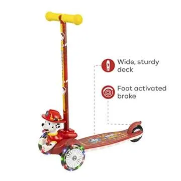 Paw Patrol Marshall Kick Scooter for Kids, Self-Balancing 3 Wheeled Light Up Scooter with Extra Wide Anti-Slip Deck, Rear Brake, for Ages 3 and up, 75 LB Limit