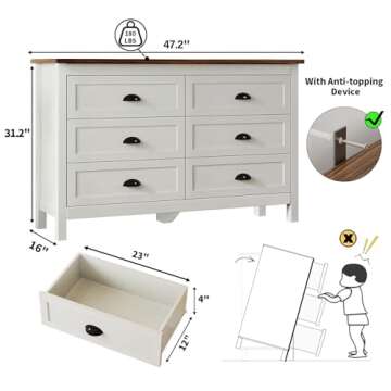 Farmhouse White Dresser for Bedroom, Modern 6 Drawer Double Dresser for Bedroom with Vintage Black H...