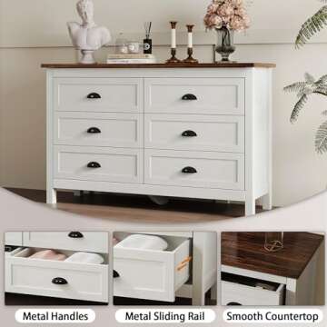 Farmhouse White Dresser for Bedroom, Modern 6 Drawer Double Dresser for Bedroom with Vintage Black Handle, Wide Wood Dressers & Chests of Drawers, 6 Drawer Dressers for Hallway, Antique White