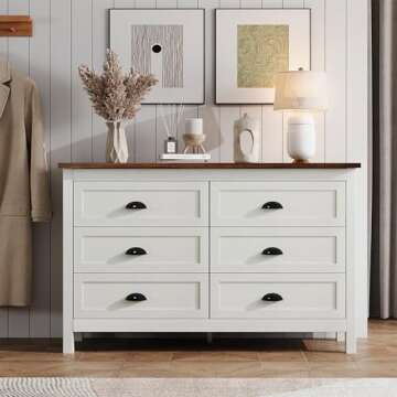 Farmhouse White Dresser for Bedroom, Modern 6 Drawer Double Dresser for Bedroom with Vintage Black Handle, Wide Wood Dressers & Chests of Drawers, 6 Drawer Dressers for Hallway, Antique White