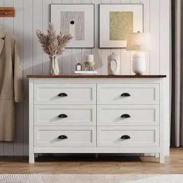 Farmhouse White Dresser with 6 Drawers & Modern Design