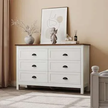 Farmhouse White Dresser with 6 Drawers & Modern Design