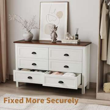 Farmhouse White Dresser for Bedroom, Modern 6 Drawer Double Dresser for Bedroom with Vintage Black Handle, Wide Wood Dressers & Chests of Drawers, 6 Drawer Dressers for Hallway, Antique White