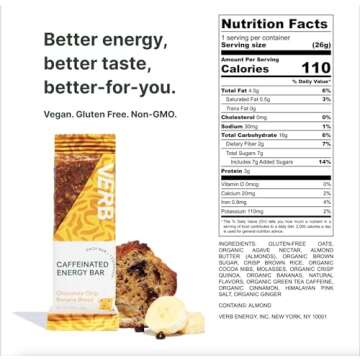 Verb Energy - Variety Pack Caffeinated Snack Bars - 110-Calorie Low Sugar Energy Bar - Nutrition Bars - Vegan Snacks - Gluten Free Breakfast Bars with Organic Green Tea, 26g (Pack of 16)