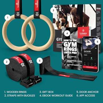BeMaxx Gymnastic Rings Set Wood + Door Anchor Attachment, Exercise eBook & Safety Straps + Length Markings | Wooden Olympic Gym Gymnastics Athletic Fitness | Home Workout Muscle Training