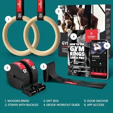 BeMaxx Gymnastic Rings Set Wood + Door Anchor Attachment, Exercise eBook & Safety Straps + Length Markings | Wooden Olympic Gym Gymnastics Athletic Fitness | Home Workout Muscle Training