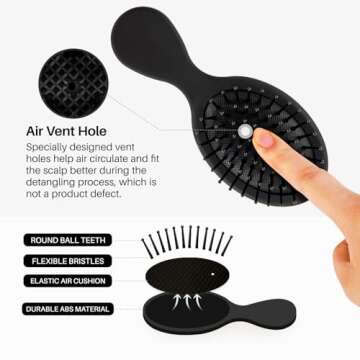 RHOS Mini Hair Brush for Women,Men and Kids-Travel Size Hair Brush for Purse,Pocket,backpack-Small Cushion Paddle Brush with Soft Bristles-Mini Detangler Brush for All Hair Types(1 Pack-Black)