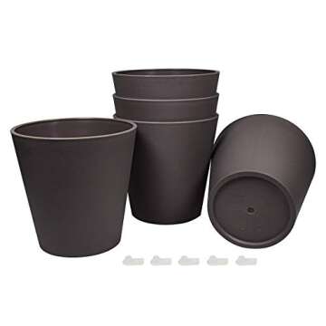 The Next Gardener 6 Inch Plant Pots Indoor Set of 5 Flower Pot Plastic Planters Modern Decorative Garden Pot with Drainage and Plugs for All House Plants, Herbs, Foliage Plants, Hanging Plants, Gray