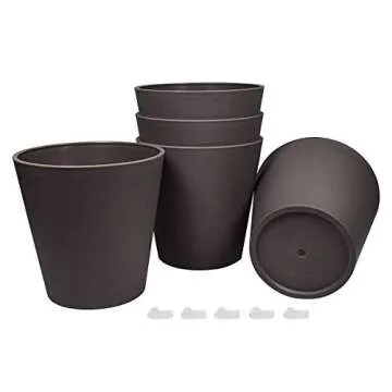 The Next Gardener 6 Inch Plant Pots Indoor Set of 5 Flower Pot Plastic Planters Modern Decorative Garden Pot with Drainage and Plugs for All House Plants, Herbs, Foliage Plants, Hanging Plants, Gray