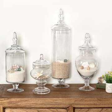 MyGift 4 Piece Set Clear Glass Apothecary Jars with Lids, Bathroom Decor, Candy Buffet, Wedding Centerpiece Decorative Jar