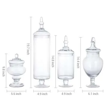 MyGift 4 Piece Set Clear Glass Apothecary Jars with Lids, Bathroom Decor, Candy Buffet, Wedding Centerpiece Decorative Jar