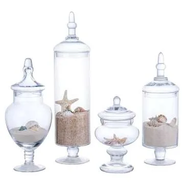MyGift 4 Piece Set Clear Glass Apothecary Jars with Lids, Bathroom Decor, Candy Buffet, Wedding Centerpiece Decorative Jar