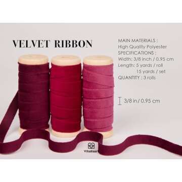 Vitalizart Red Velvet Ribbon Set 3/8" x 15 Yd Burgundy Fabric Trim 3 Rolls * 5 Yd for Christmas Wrea...
