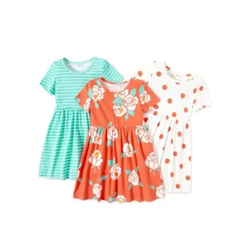 PATPAT Toddler Girl Floral Skater Multipack Dresses 3-Pack Spring Polka Dots Short Sleeve Princess A...