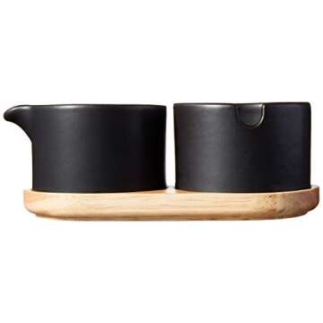 Bloomingville Stoneware Sugar & Creamer on Wood Tray, Black