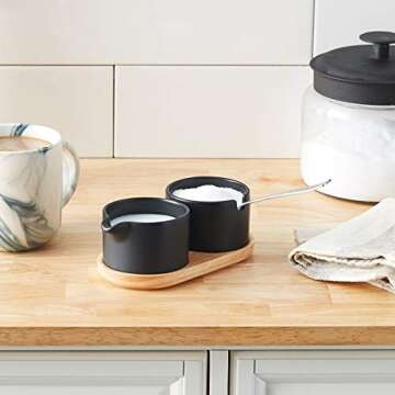 Bloomingville Stoneware Sugar & Creamer on Wood Tray, Black
