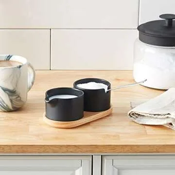 Bloomingville Stoneware Sugar & Creamer on Wood Tray, Black