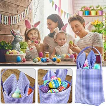 Larcenciel Easter Basket, Easter Bunny Bags With Rabbit Ear, Canvas Easter Egg Hunt Bags, Large Easter Gift Bags Tote Bags for Easter Party Decorations Egg Candy Gift Carry Bucket (Blue)