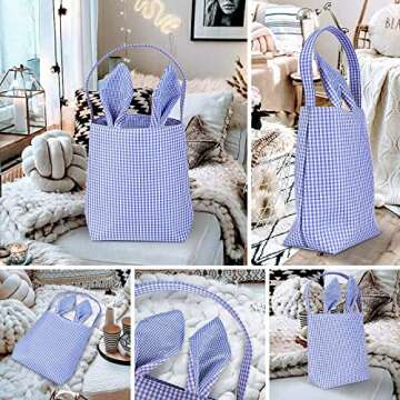 Larcenciel Easter Basket, Easter Bunny Bags With Rabbit Ear, Canvas Easter Egg Hunt Bags, Large Easter Gift Bags Tote Bags for Easter Party Decorations Egg Candy Gift Carry Bucket (Blue)