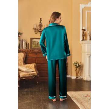 Ekouaer Women's Classic Button Down Long Satin Silk Pajama Set,Medium,Blue Green