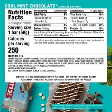 CLIF BARS - Energy Bars - Cool Mint Chocolate - With Caffeine - Made with Organic Oats - Plant Based Food - Vegetarian - Kosher (2.4 Ounce Protein Bars, 12 Count) Packaging May Vary