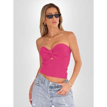 EFAN Womens Tube Tops Going Out Cut Out Twist Knot Front Bandeau Ribbed Knit Y2K Strapless Tank Bustier Corset Tops HotPink S