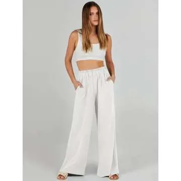 ANRABESS Womens Linen Pants 2025 Summer Casual Loose Wide Leg Palazzo Pants Spring High Waist Flowy Beach Trousers Outfits Cream White Large