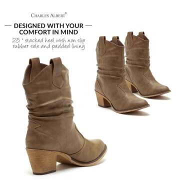 Charles Albert Modern Western Cowboy Boots for Women Ladies Stacked Heel Ankle Cowgirl Boots with Pull-Up Tabs in Mocha Size 9
