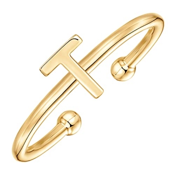 PAVOI 14K Yellow Gold Plated Initial Adjustable Ring | Womens Initial Ring | Fasion Ring Women | T I...