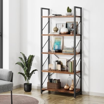 Shintenchi 5-Tier Rustic Brown Bookcase - Stylish, Durable Storage for Home & Office
