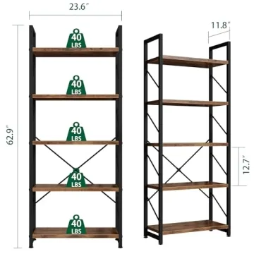 Shintenchi 5-Tier Rustic Brown Bookcase Durable Storage