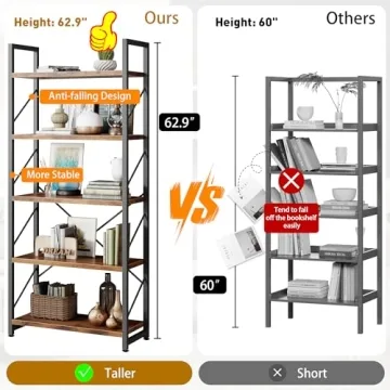 Shintenchi 5-Tier Rustic Brown Bookcase Durable Storage