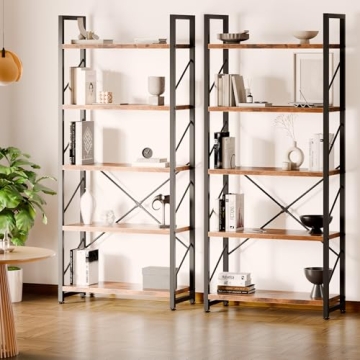 Shintenchi 5-Tier Rustic Brown Bookcase Durable Storage