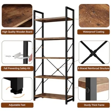 Shintenchi 5-Tier Rustic Brown Bookcase Durable Storage