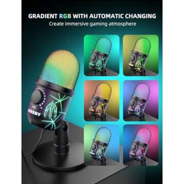 MRSDY USB Microphone, Plug and Play Gaming Mic for PC, Mac, PS4/5, Podcast Microphone with RGB, Mute, Monitor, Noise Reduction, Volume Gain, Great for Recording, Streaming