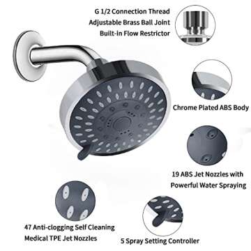 Aisoso Shower Head High Pressure Rain Fixed Showerhead 5-Setting with Adjustable Metal Swivel Ball Joint - Relaxed Shower Experience Even at Low Water Flow & Pressure
