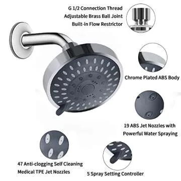 Aisoso Shower Head High Pressure Rain Fixed Showerhead 5-Setting with Adjustable Metal Swivel Ball Joint - Relaxed Shower Experience Even at Low Water Flow & Pressure