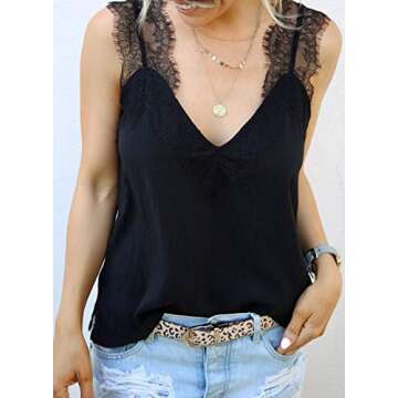 BLENCOT Women's Summer Sleeveless Shirts V Neck Lace Strappy Trim Camisole Tank Tops Loose Blouse Bl...