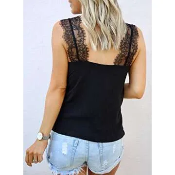 BLENCOT Women's Summer Sleeveless Shirts V Neck Lace Strappy Trim Camisole Tank Tops Loose Blouse Black S