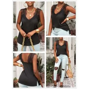 BLENCOT Women's Summer Sleeveless Shirts V Neck Lace Strappy Trim Camisole Tank Tops Loose Blouse Black S