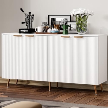 VVFLU Fluted White Storage Cabinet, 57" Modern Sideboard Buffet Cabinet, Wood Accent Cabinet with Ad...