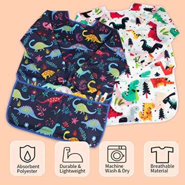 BAHABY Kids Art Smocks 2 Pack Dinosaur Painting Apron for Children Waterproof Artist Smock with Long Sleeve and 3 Pockets for Age 3-8 Years