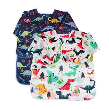 BAHABY Kids Art Smocks 2 Pack Dinosaur Painting Apron for Children Waterproof Artist Smock with Long Sleeve and 3 Pockets for Age 3-8 Years