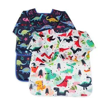 BAHABY Kids Art Smocks 2 Pack Dinosaur Painting Apron for Children Waterproof Artist Smock with Long Sleeve and 3 Pockets for Age 3-8 Years
