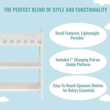 Dream On Me Emily Changing Table In White, Comes With 1" Changing Pad, Features Two Shelves, Portable Changing Station, Made Of Sustainable New Zealand Pinewood