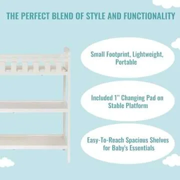 Dream On Me Emily Changing Table In White, Comes With 1" Changing Pad, Features Two Shelves, Portable Changing Station, Made Of Sustainable New Zealand Pinewood
